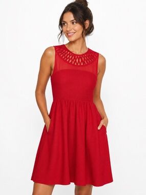 Maeve by Anthropologie Red Fit & Flare Dress Size 4 Pockets Lattice Neck